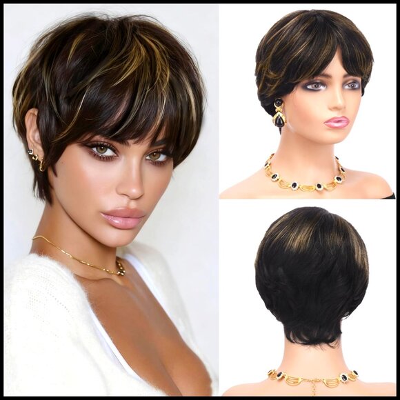 Short Pixie Cut Wig Human Hair Glueless Bangs Beginner Friendly Ready to Wear